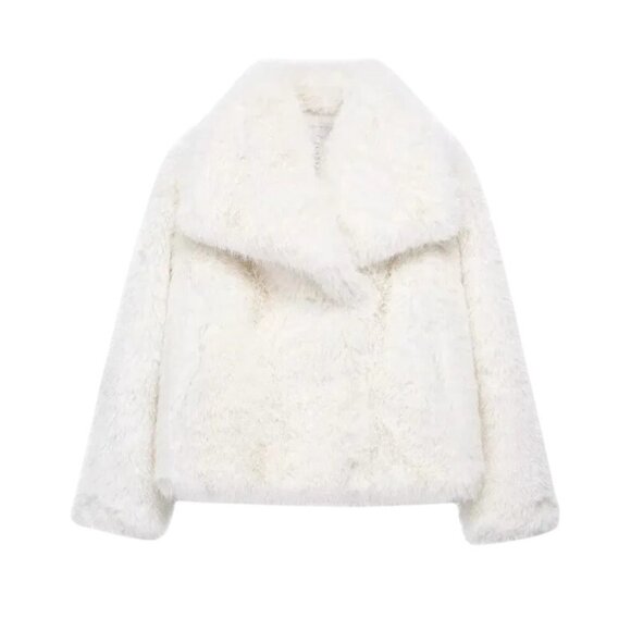 White Faux Mink Fur Jacket Large Oversized Collar Winter - Picture 2 of 10